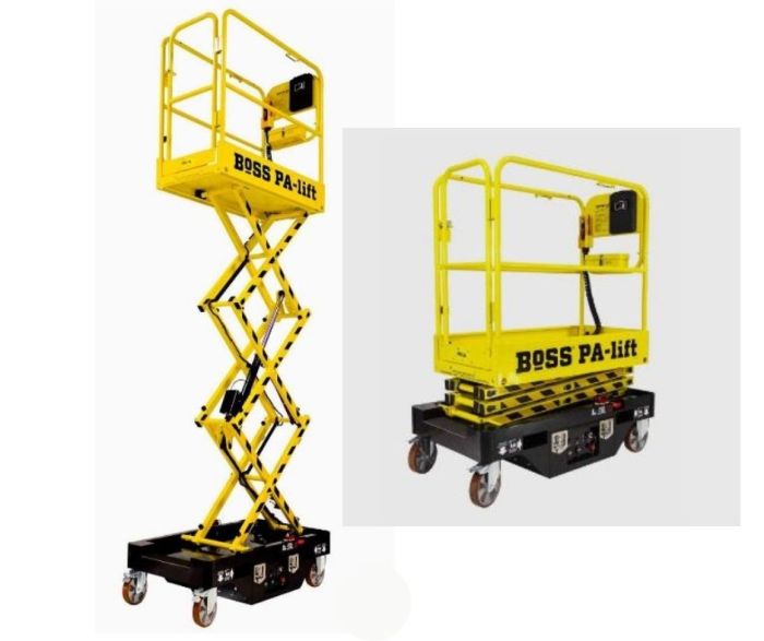 two stationary Boss PA-Lift access machines with yellow body and black base